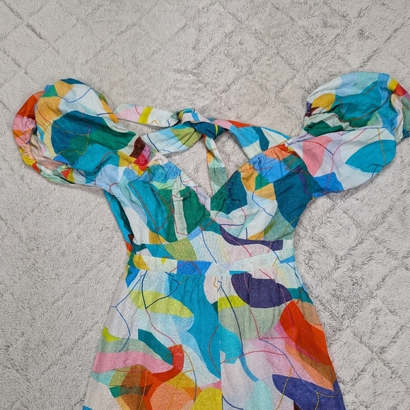 Ranna Gill Jumpsuit Womens S Blue Water Color Tie Back Cutout Linen Blend Boho - Picture 2 of 9